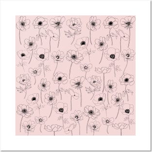 Poppies Line Art Flowers Pattern On Pink Posters and Art